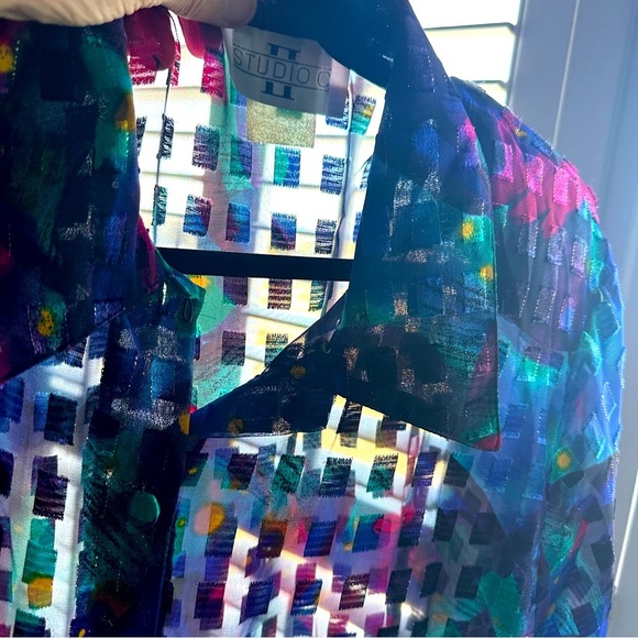 Vintage Studio C Womens Button Up Top Sz 18/20 Sheer Shimmery Metallic Abstract - Picture 12 of 14